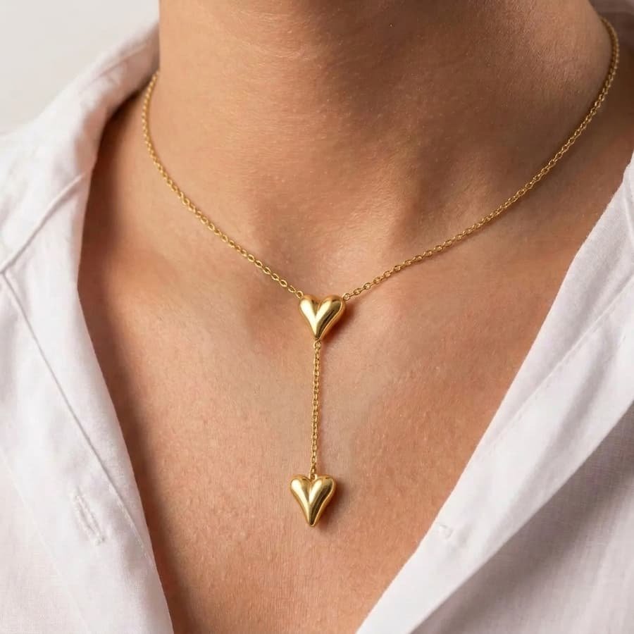 Colar banho dourado - duplo Coracao desenhado - Imagem 2