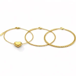 Kit Trio de Pulseiras Coração Robusto banho dourado