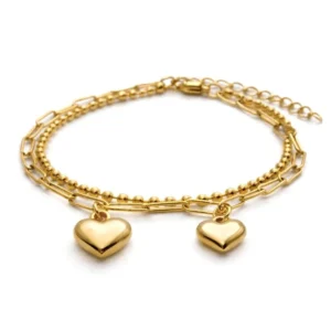 Pulseira dupla - banho dourado bolinhas e 2 Corações